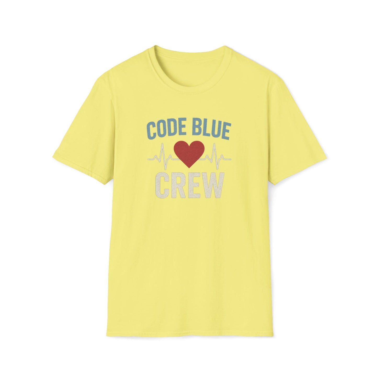 A light yellow crewneck t-shirt with a 'CODE BLUE CREW' graphic on the chest, featuring a red heart and EKG line, displayed on a clean white background.