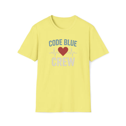 A light yellow crewneck t-shirt with a 'CODE BLUE CREW' graphic on the chest, featuring a red heart and EKG line, displayed on a clean white background.