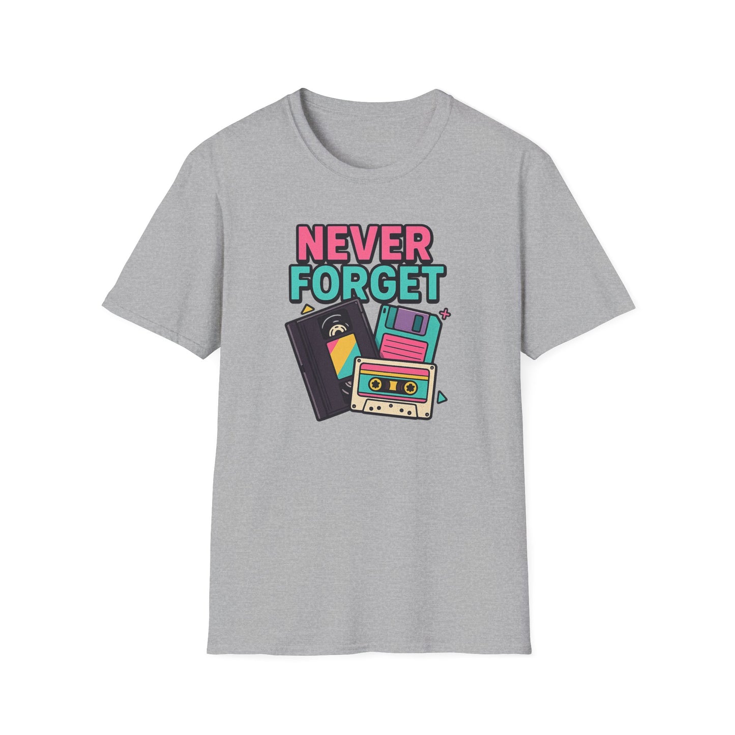 Vintage Tech 'Never Forget' T-Shirt — Retro Cassette, Floppy & Tape Design