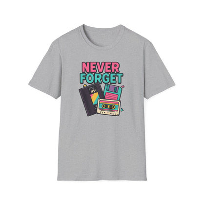 Vintage Tech 'Never Forget' T-Shirt — Retro Cassette, Floppy & Tape Design