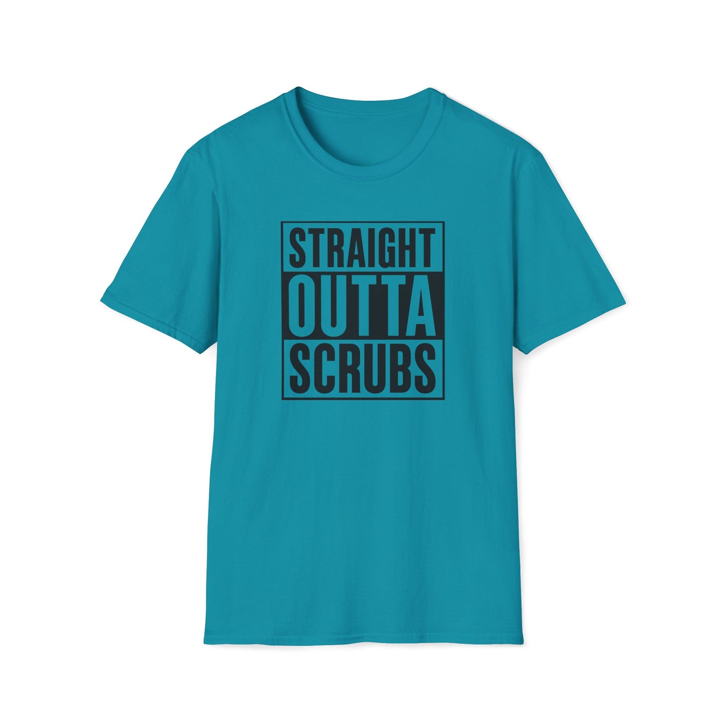 A teal blue short-sleeve crewneck t-shirt with a black graphic on the chest that reads 'STRAIGHT OUTTA SCRUBS' in white lettering, displayed on a solid white background.