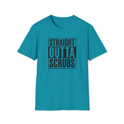 A teal blue short-sleeve crewneck t-shirt with a black graphic on the chest that reads 'STRAIGHT OUTTA SCRUBS' in white lettering, displayed on a solid white background.