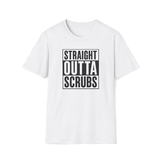 A white short-sleeve crewneck t-shirt with a black graphic print on the chest that reads 'STRAIGHT OUTTA SCRUBS' inside a thin black rectangular border, shown against a plain white background.