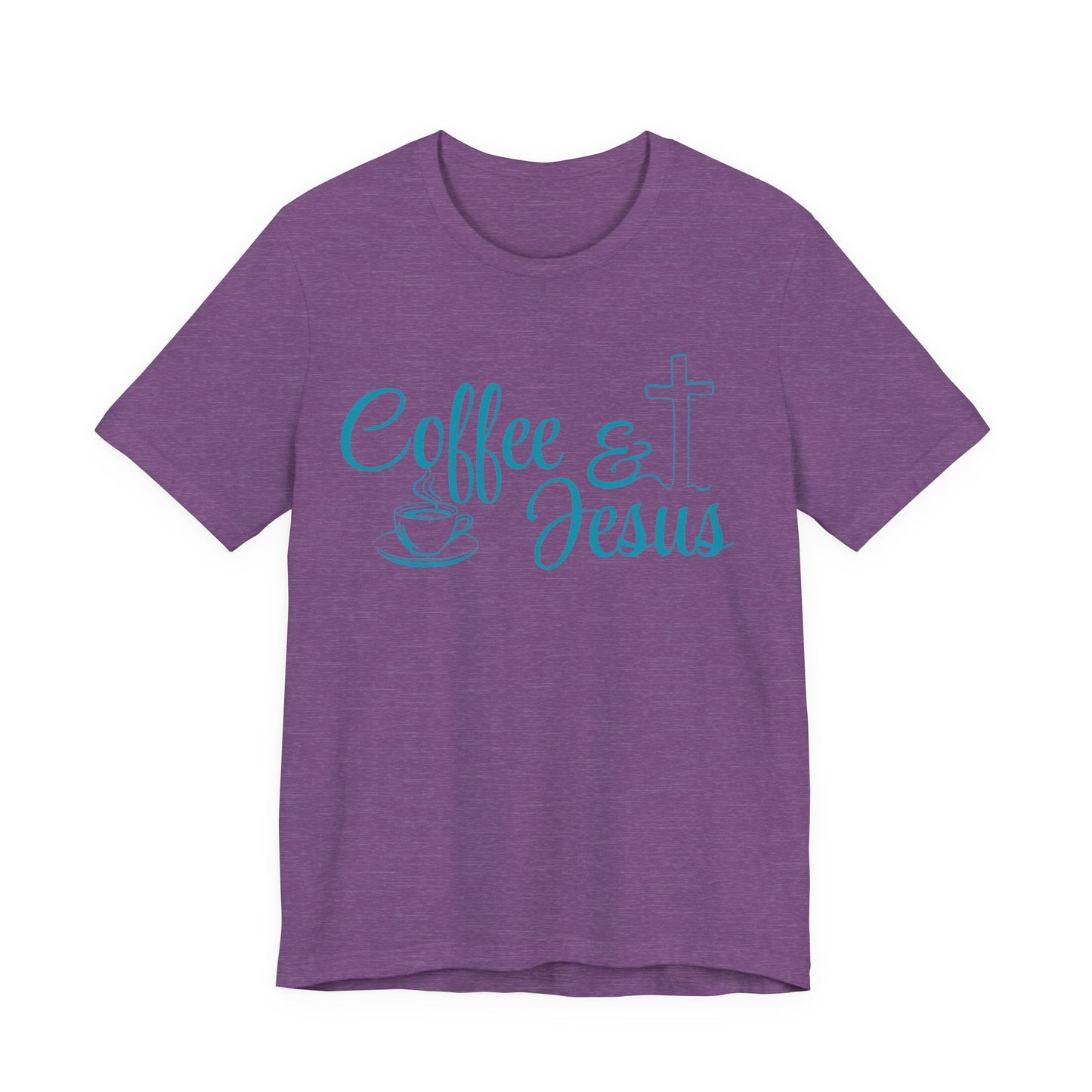 A heather purple short-sleeve t-shirt with a turquoise graphic on the front reading 'Coffee & Jesus' alongside a coffee cup and a cross.