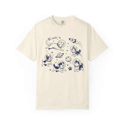 Dogs in Space Illustration T-shirt | Cute Astronaut Puppies, Planets & Rocket