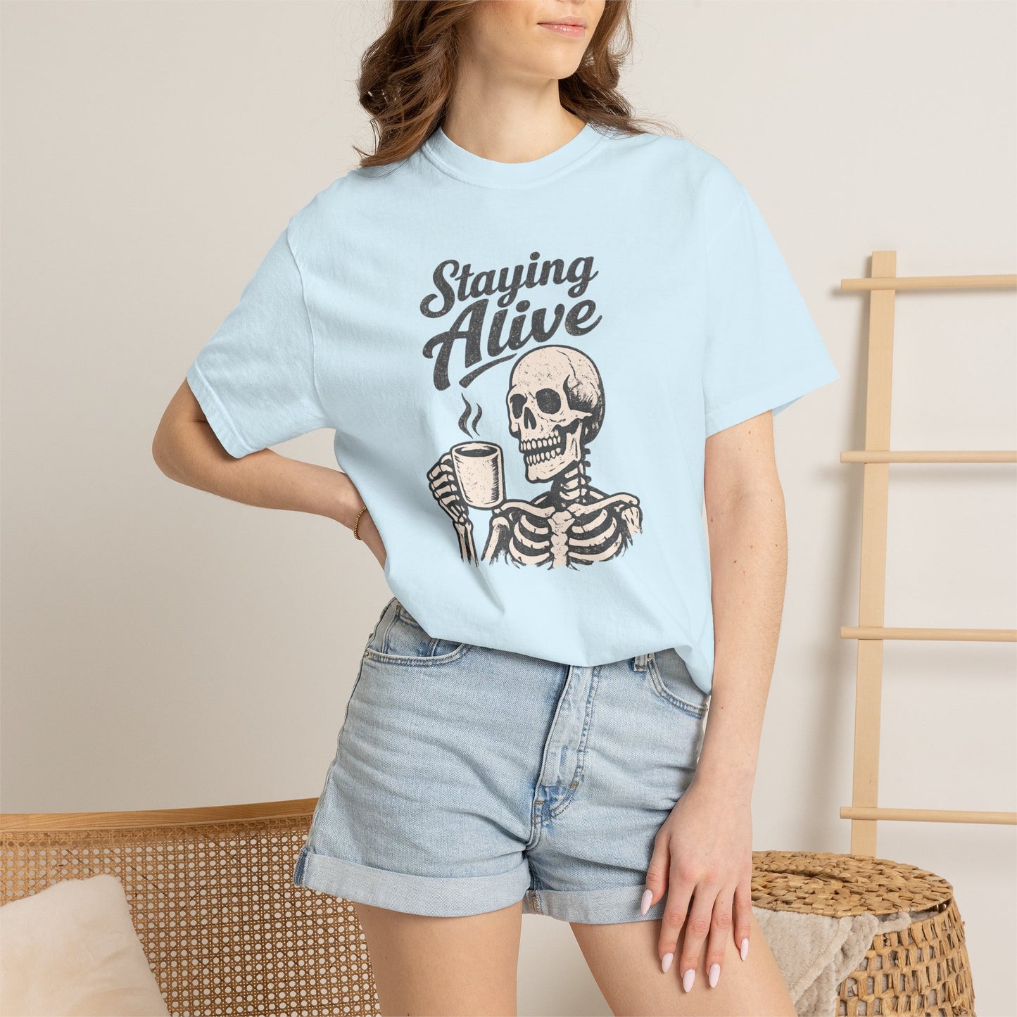 Staying Alive Skeleton Coffee T-Shirt | Skull with Mug Tee