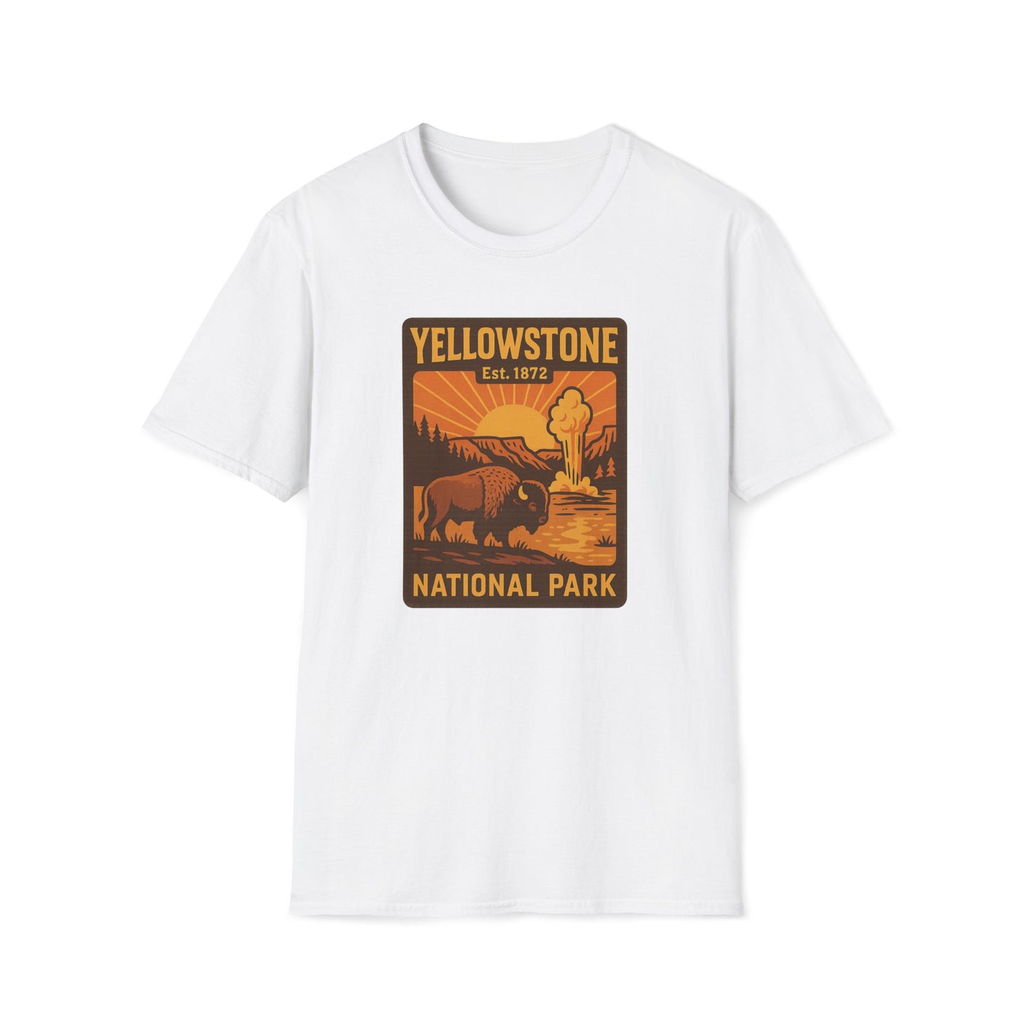 A white short-sleeve crewneck t-shirt featuring a retro-style Yellowstone National Park graphic print on the chest, displayed against a solid white background.