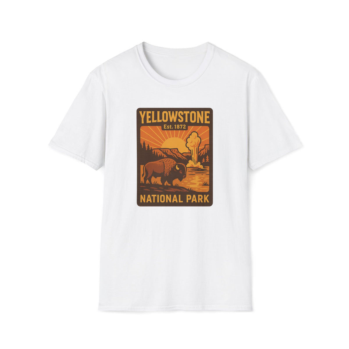 A white short-sleeve crewneck t-shirt featuring a retro-style Yellowstone National Park graphic print on the chest, displayed against a solid white background.