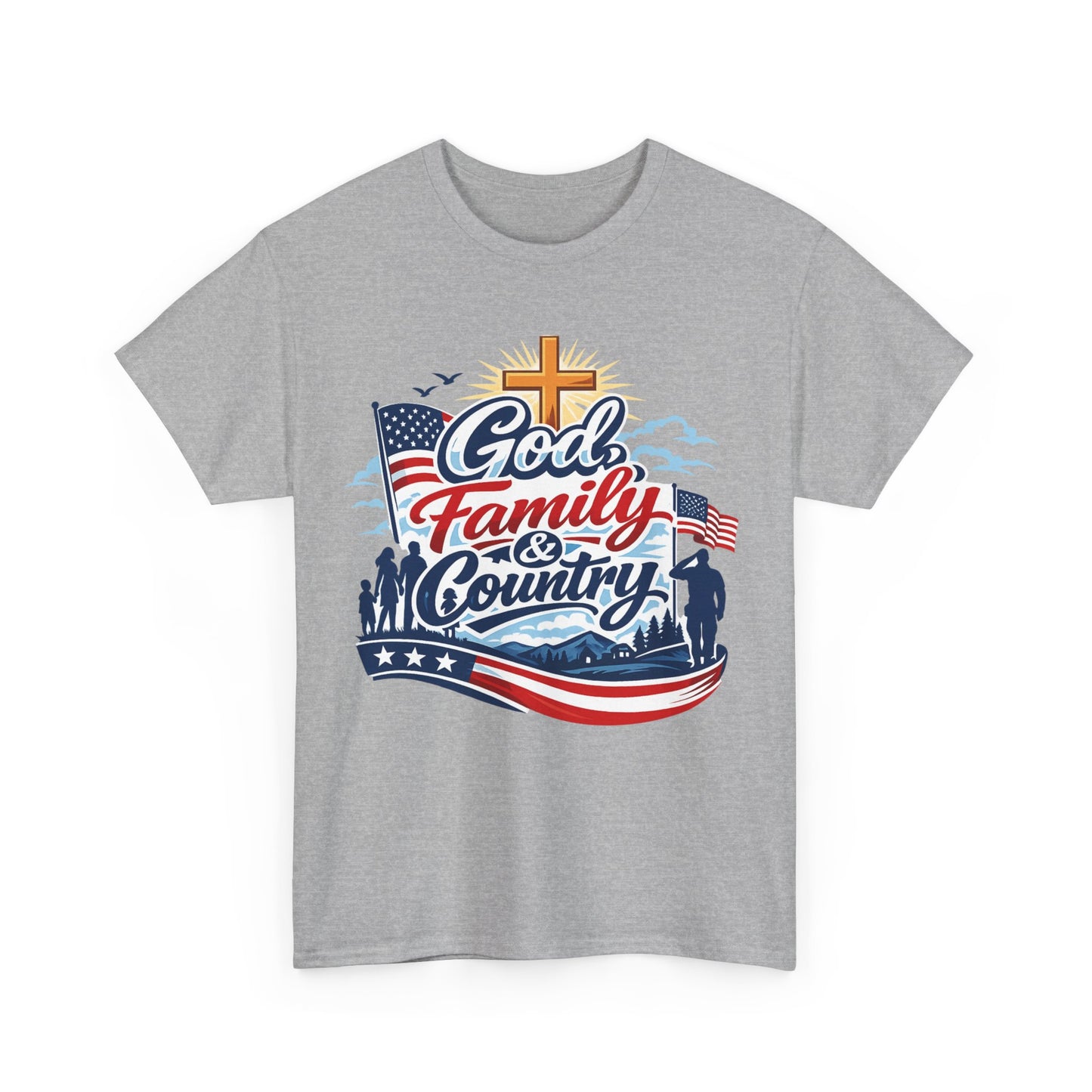 God Family and Country Tee | Patriotic Cross American Flag Shirt