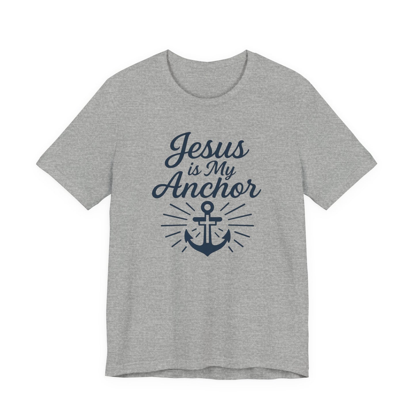 A heather gray short-sleeve t-shirt with a navy blue graphic print on the front that reads 'Jesus is My Anchor' above an anchor illustration with radiating lines.