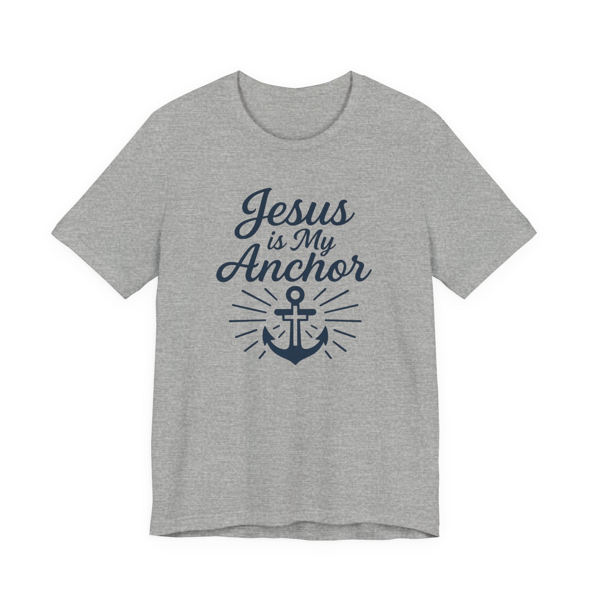 A heather gray short-sleeve t-shirt with a navy blue graphic print on the front that reads 'Jesus is My Anchor' above an anchor illustration with radiating lines.