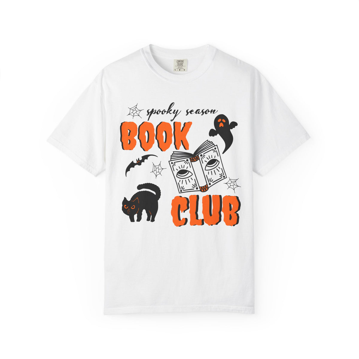 A white short-sleeve crewneck t-shirt featuring a 'spooky season BOOK CLUB' graphic on the front with illustrations of a black cat, ghost, bat, and a book.