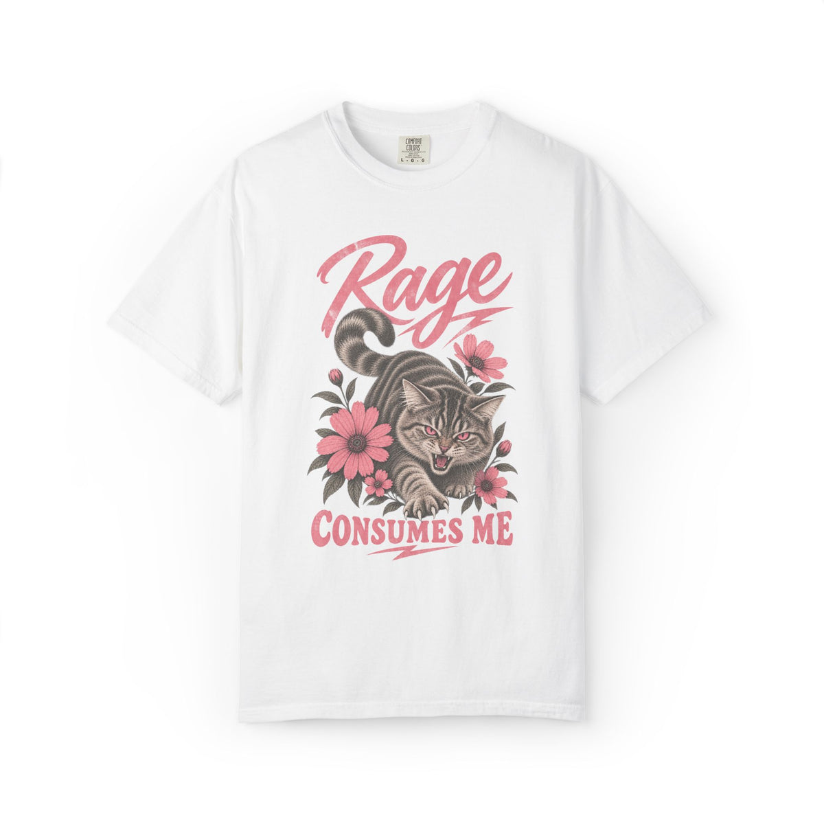 oversized white graphic t-shirt with a cat illustration and the text 'Rage Consumes Me'.