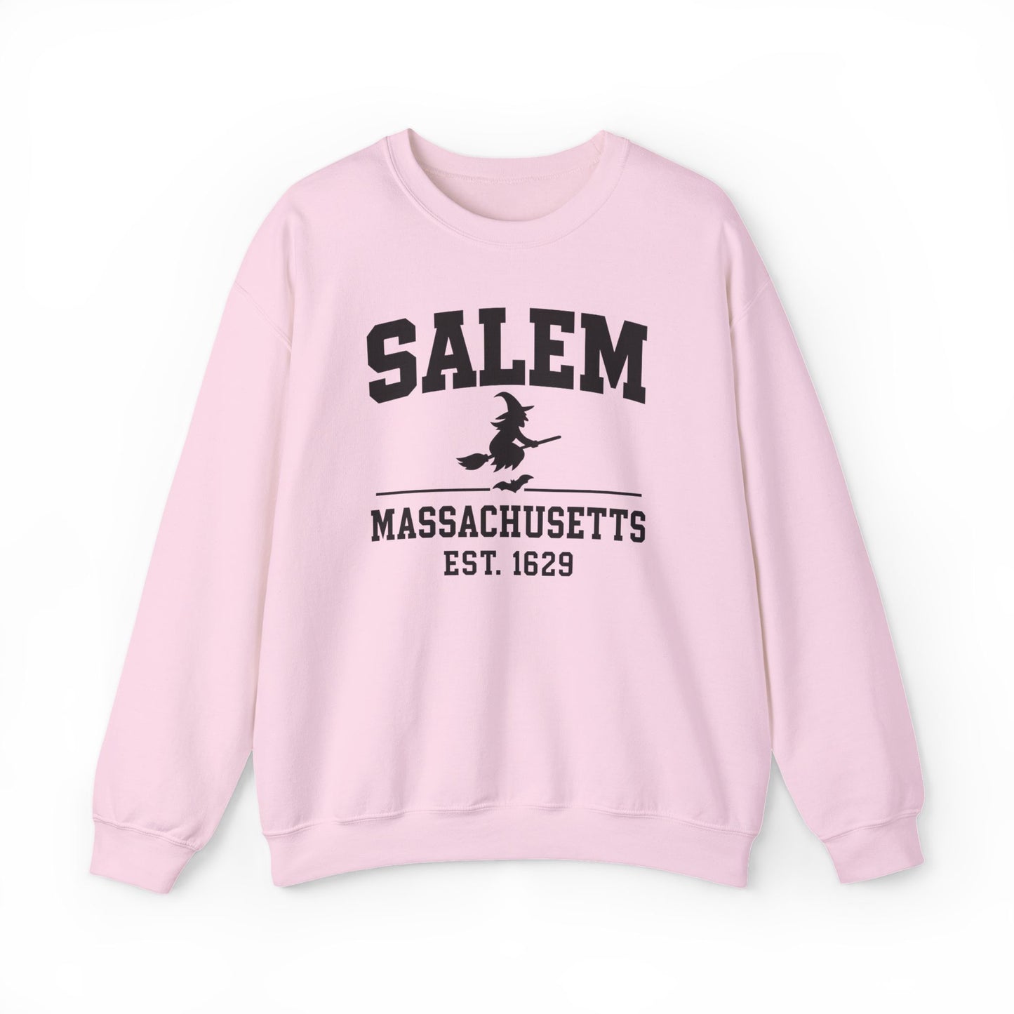 A light pink crewneck sweatshirt featuring a black graphic print on the front that reads 'SALEM MASSACHUSETTS EST. 1629' with a silhouette of a witch riding a broomstick.