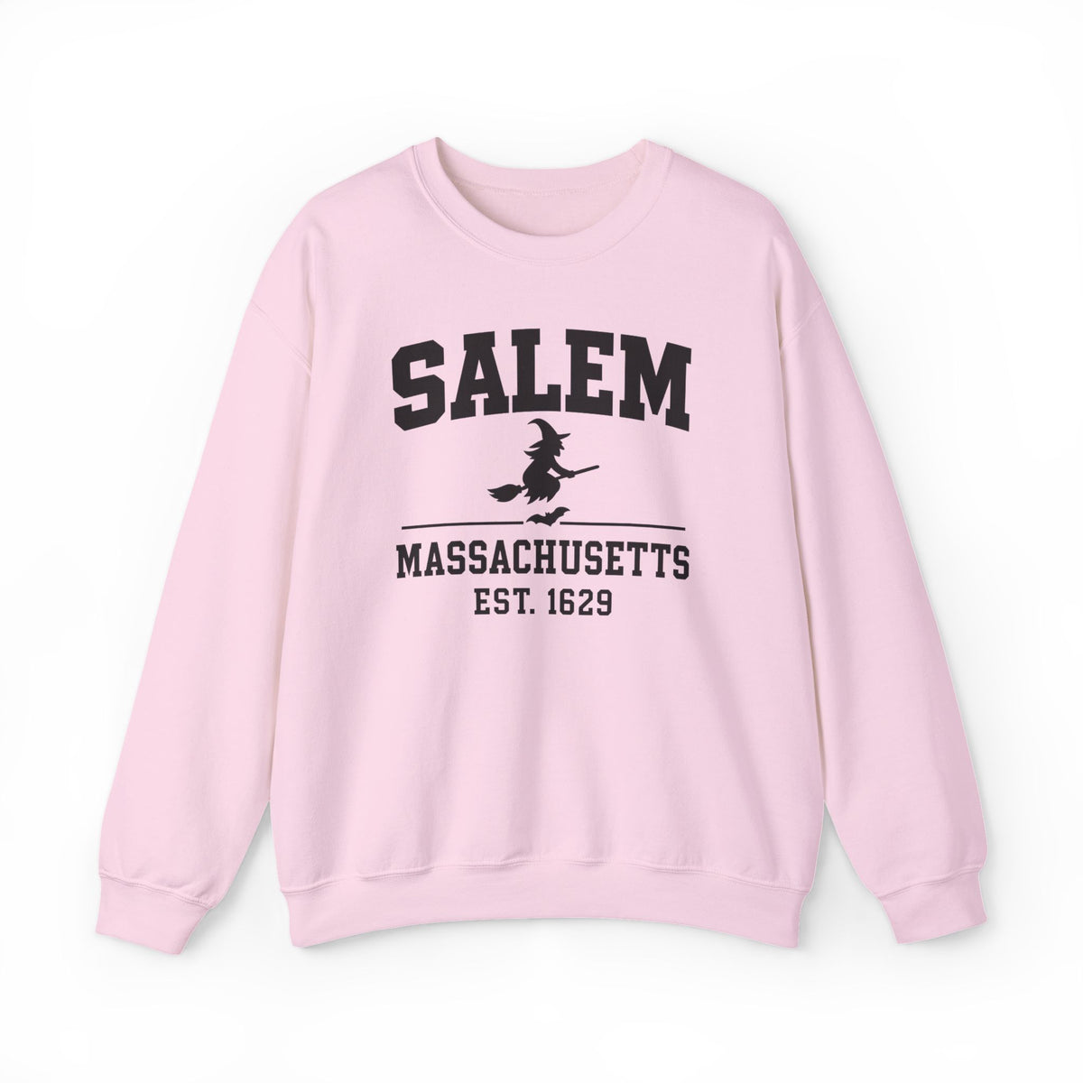 A light pink crewneck sweatshirt featuring a black graphic print on the front that reads 'SALEM MASSACHUSETTS EST. 1629' with a silhouette of a witch riding a broomstick.