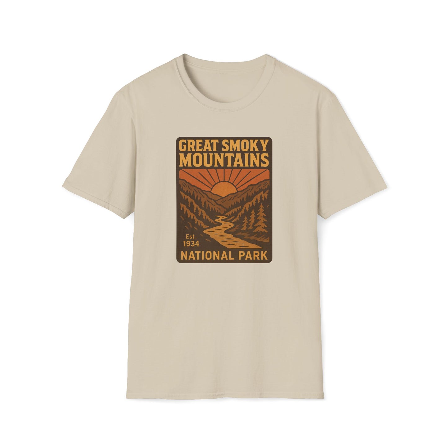 A light beige crewneck t-shirt featuring a retro-style graphic print of the Great Smoky Mountains National Park on the chest, displayed against a solid white background.