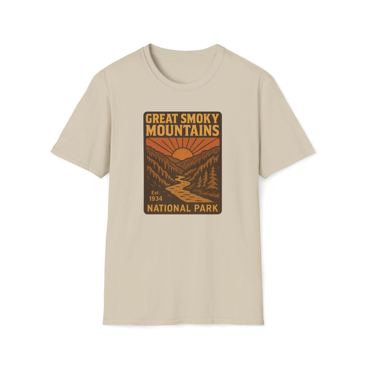 A light beige crewneck t-shirt featuring a retro-style graphic print of the Great Smoky Mountains National Park on the chest, displayed against a solid white background.