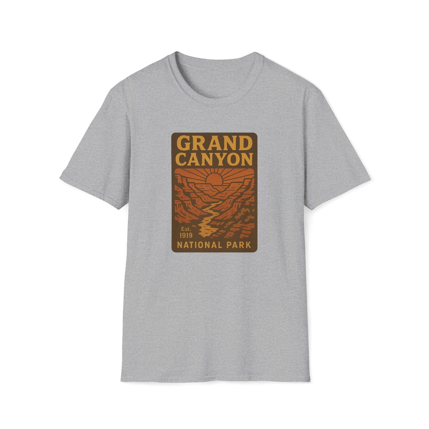 A light heather gray short-sleeve crewneck t-shirt featuring a vintage-style orange and brown 'Grand Canyon National Park' graphic printed on the chest, displayed against a solid white background.