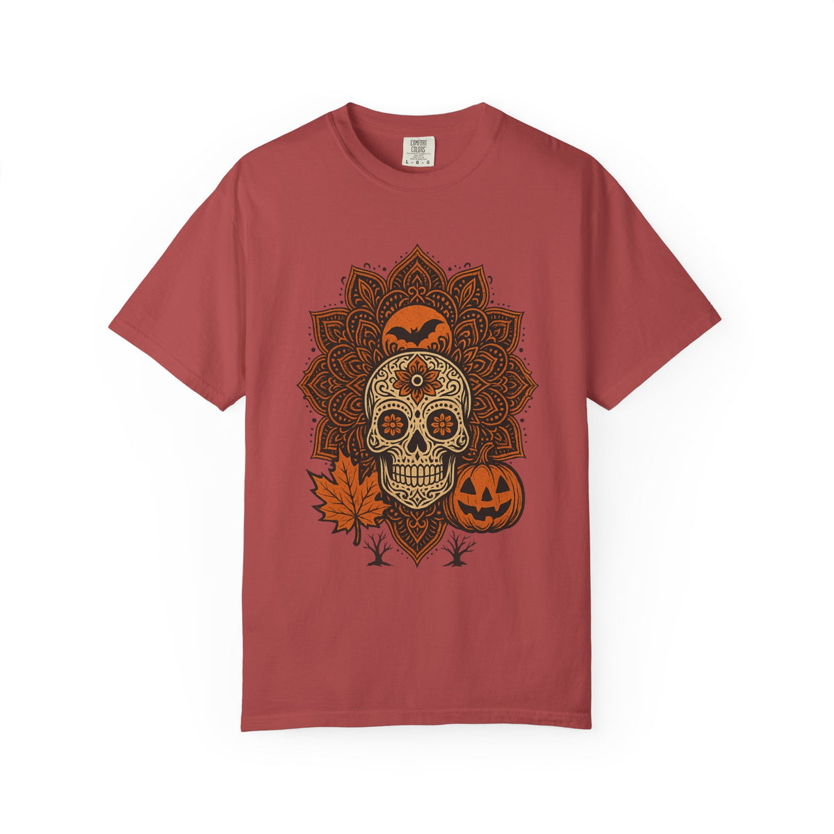A dusty red short-sleeve t-shirt with a Halloween graphic featuring a sugar skull, jack-o'-lanterns, and a mandala design, displayed on a solid white background.