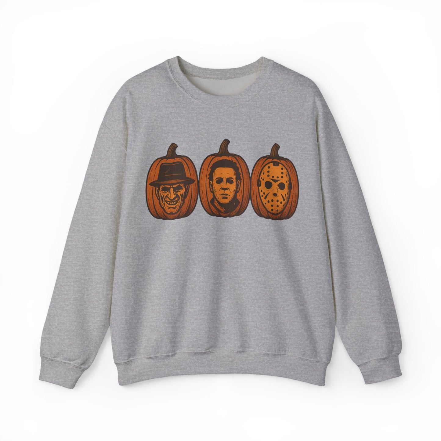 A heather gray crewneck sweatshirt featuring a graphic print of three carved pumpkins with horror movie character faces (Michael Myers, Jason Voorhees, and Freddy Krueger) on the front, displayed against a plain white background.