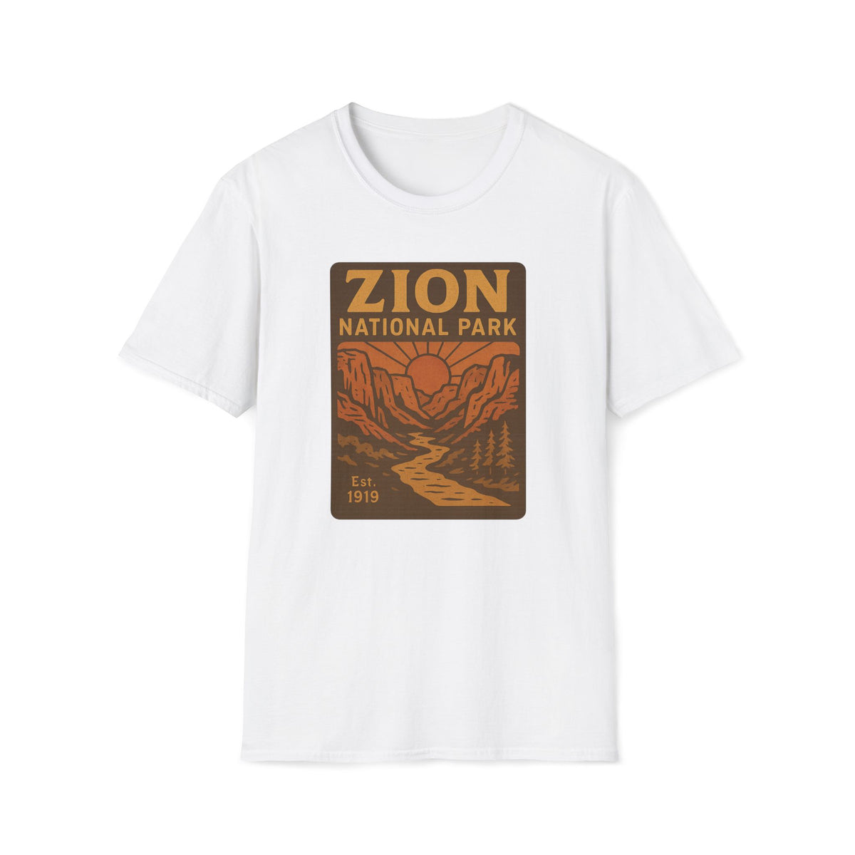 A white short-sleeve crewneck t-shirt featuring a retro-style graphic print of Zion National Park on the chest, displayed against a solid white background.
