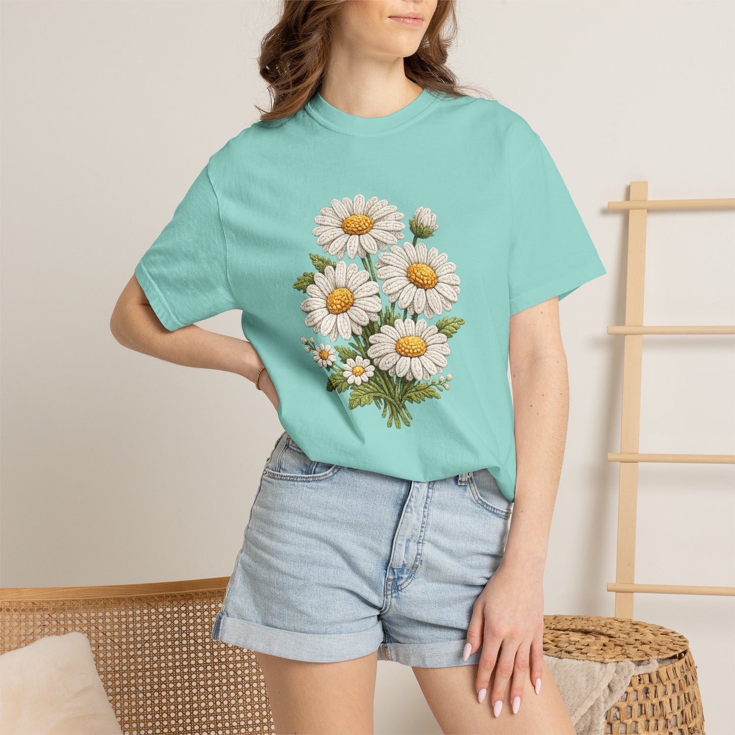 Faux Embroidered Daisy Shirt - Crochet Style Floral Tee - Comfort Colors