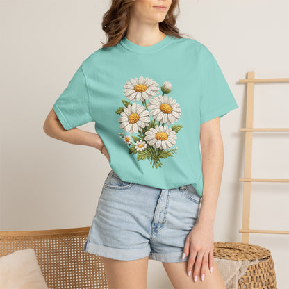 Faux Embroidered Daisy Shirt - Crochet Style Floral Tee - Comfort Colors