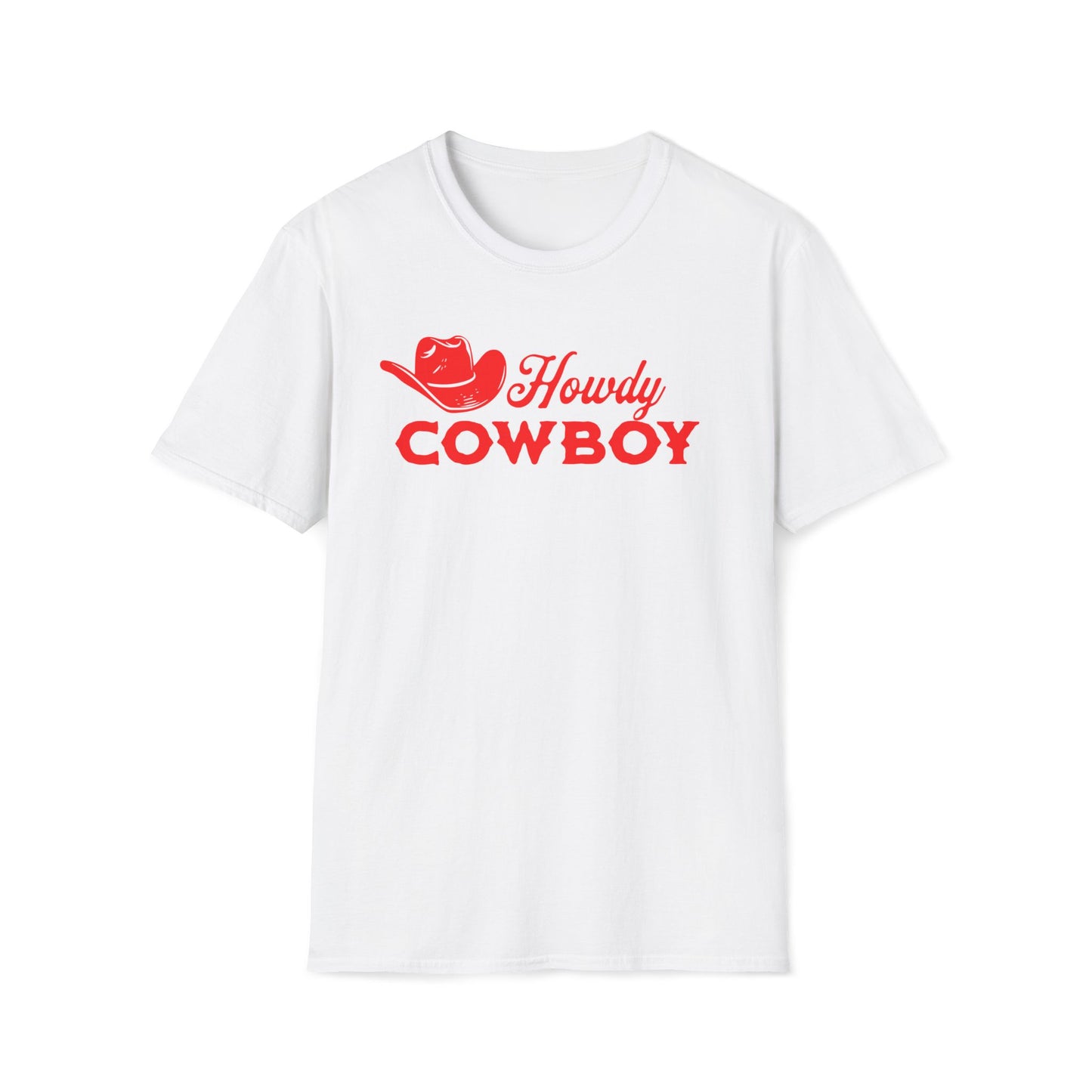 A white short-sleeve crewneck t-shirt with a red graphic on the chest featuring a cowboy hat illustration and the text 'Howdy COWBOY'.