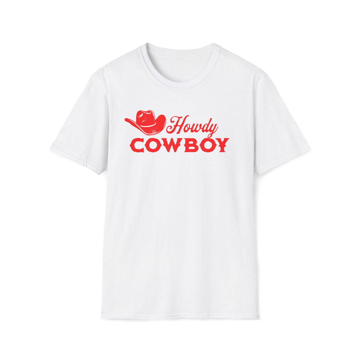 A white short-sleeve crewneck t-shirt with a red graphic on the chest featuring a cowboy hat illustration and the text 'Howdy COWBOY'.