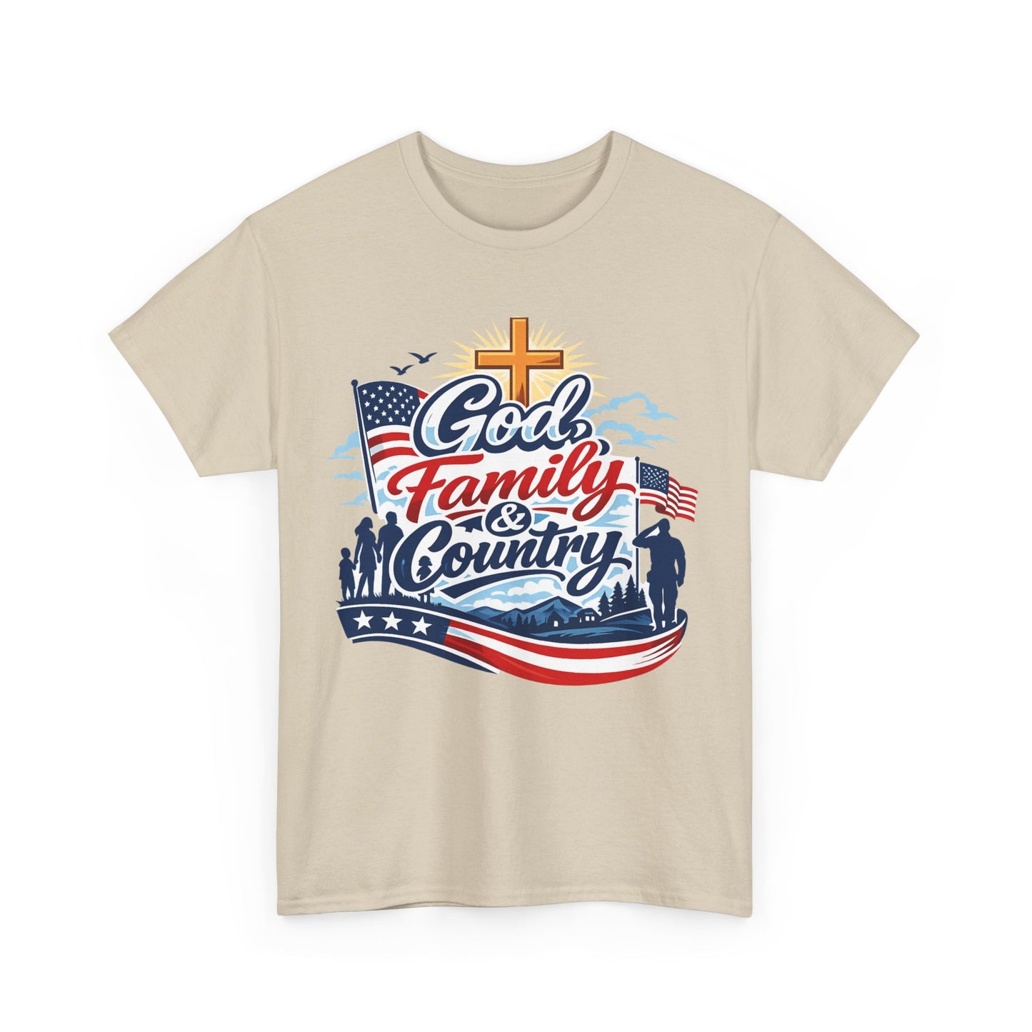 God Family and Country Tee | Patriotic Cross American Flag Shirt