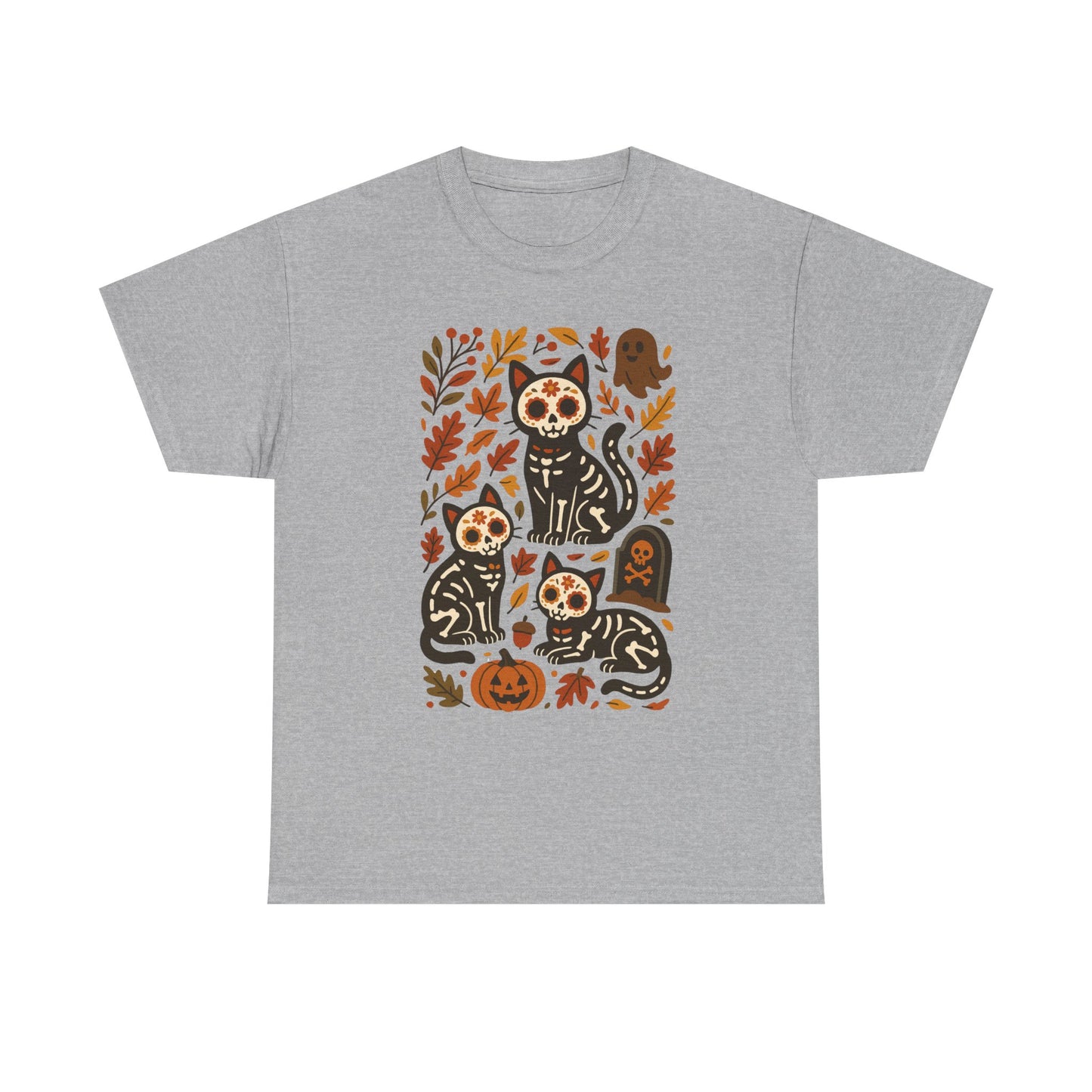 A heather gray short-sleeve crewneck t-shirt featuring a colorful graphic print of three black cats with sugar skull designs surrounded by autumn leaves, pumpkins, and tombstones.