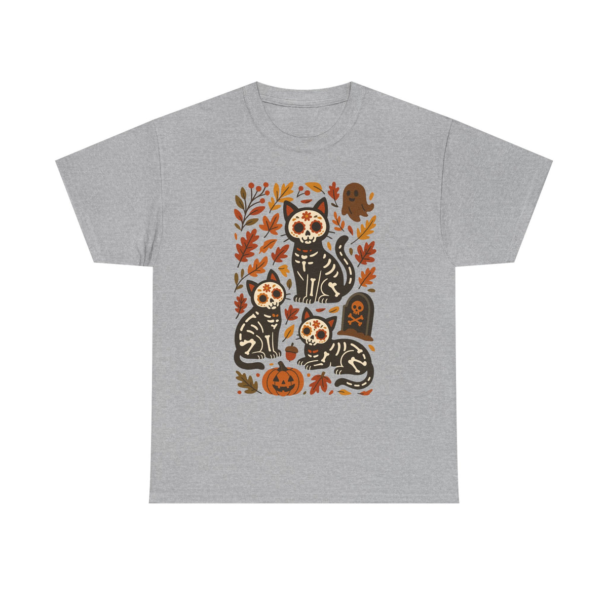 A heather gray short-sleeve crewneck t-shirt featuring a colorful graphic print of three black cats with sugar skull designs surrounded by autumn leaves, pumpkins, and tombstones.