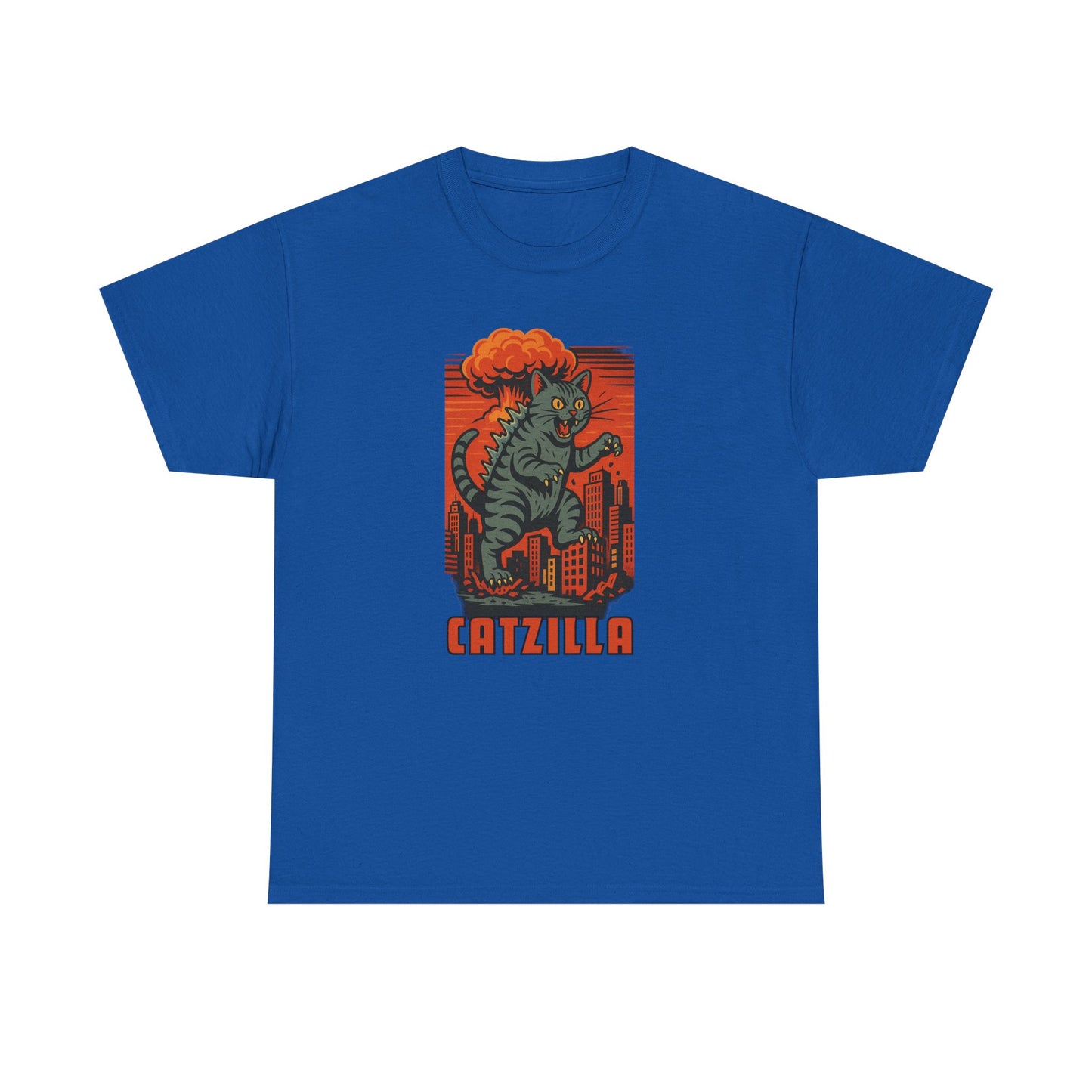 A royal blue short-sleeve t-shirt with a retro-style graphic of a green cat monster with orange hair and the word 'CATZILLA' printed below it, displayed on a solid white background.