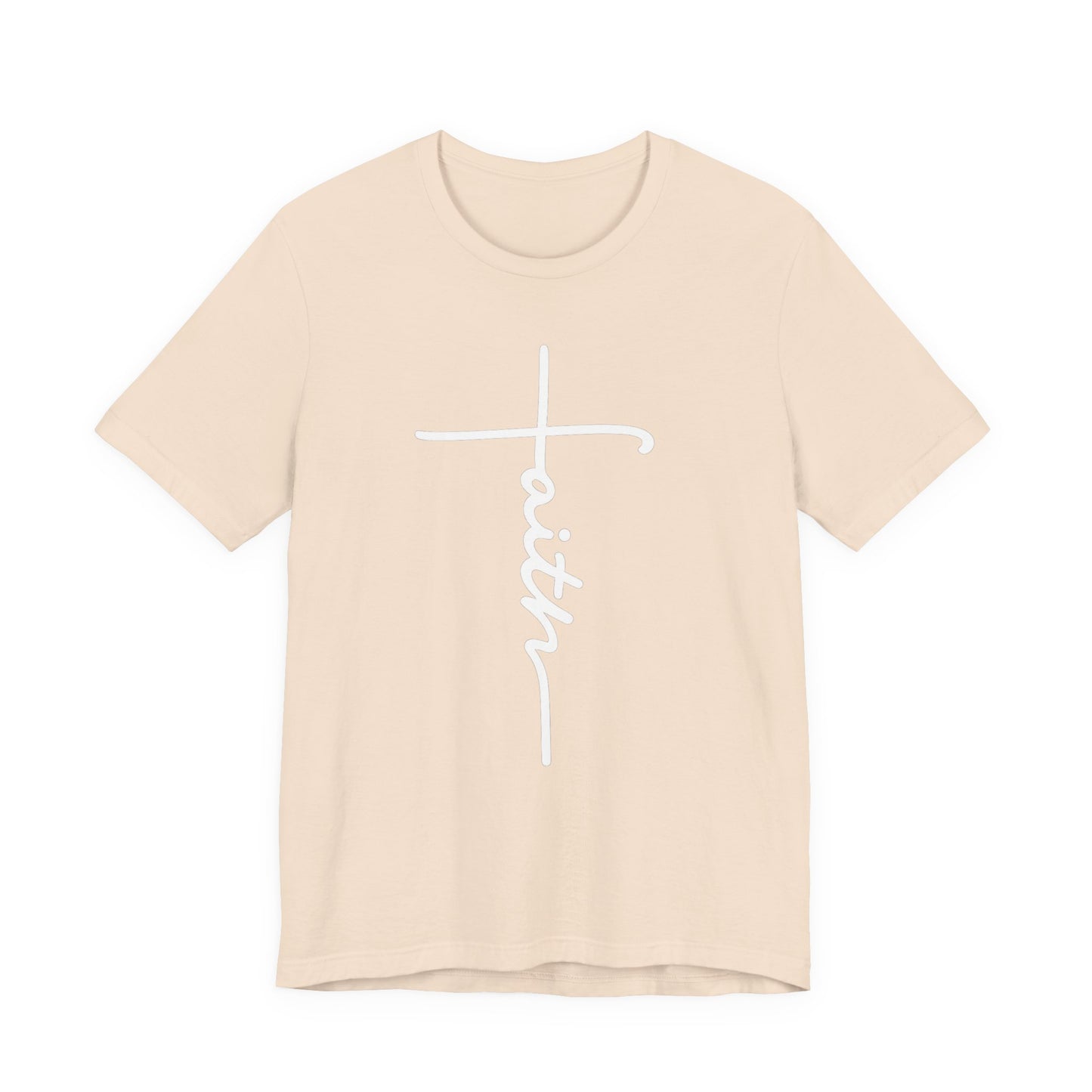 A light beige crewneck t-shirt featuring a white graphic on the front that combines a Christian cross with the word 'faith' written in cursive script.
