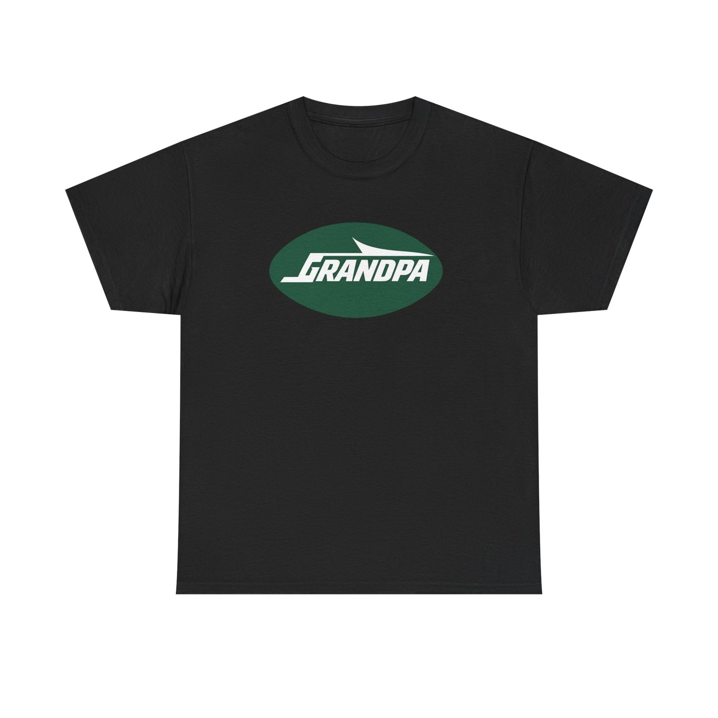 A black short-sleeve crewneck t-shirt featuring a green oval graphic on the chest with the text 'GRANDPA' in white stylized lettering.