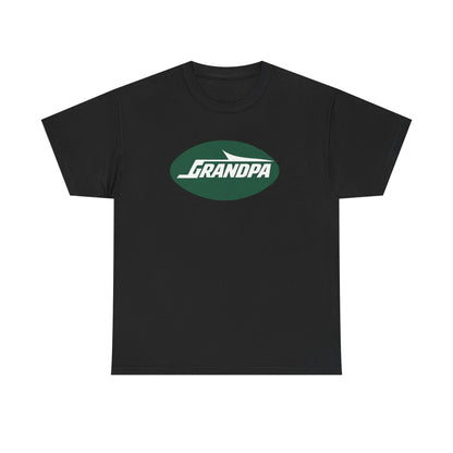 A black short-sleeve crewneck t-shirt featuring a green oval graphic on the chest with the text 'GRANDPA' in white stylized lettering.