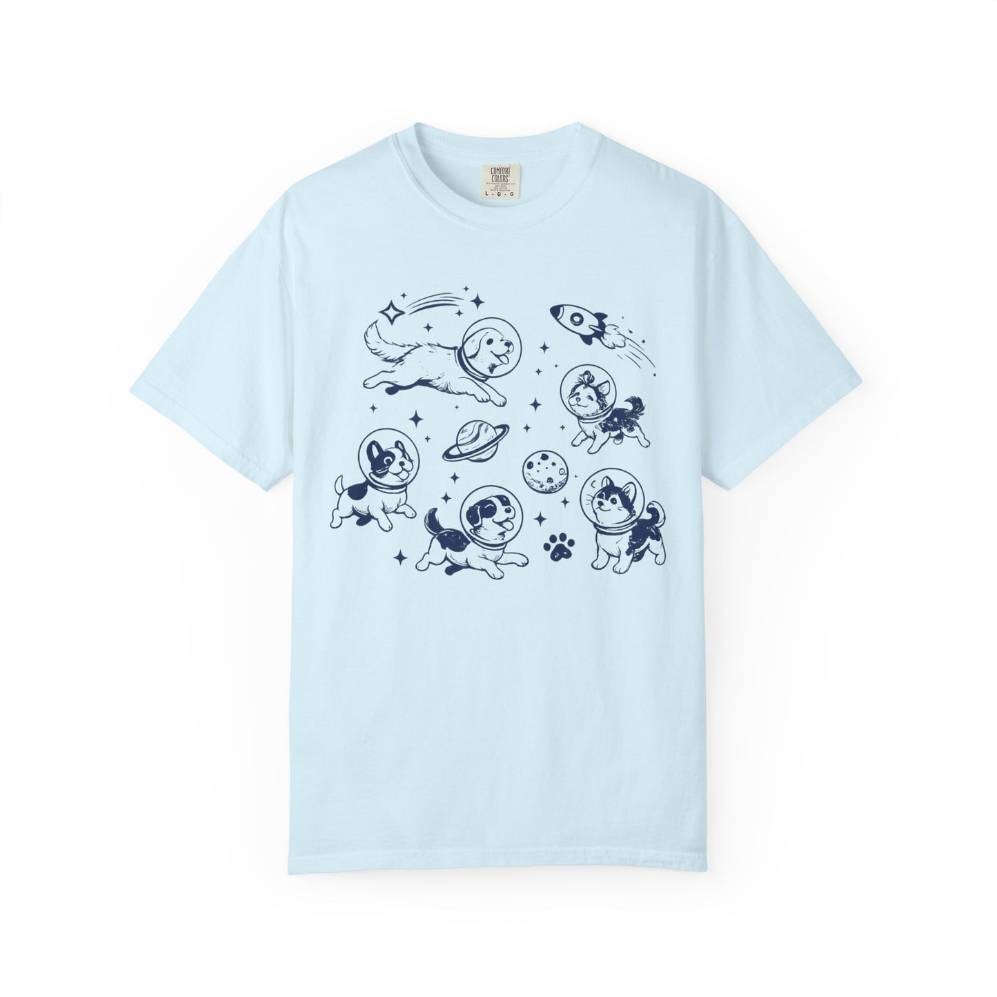 Dogs in Space Illustration T-shirt | Cute Astronaut Puppies, Planets & Rocket