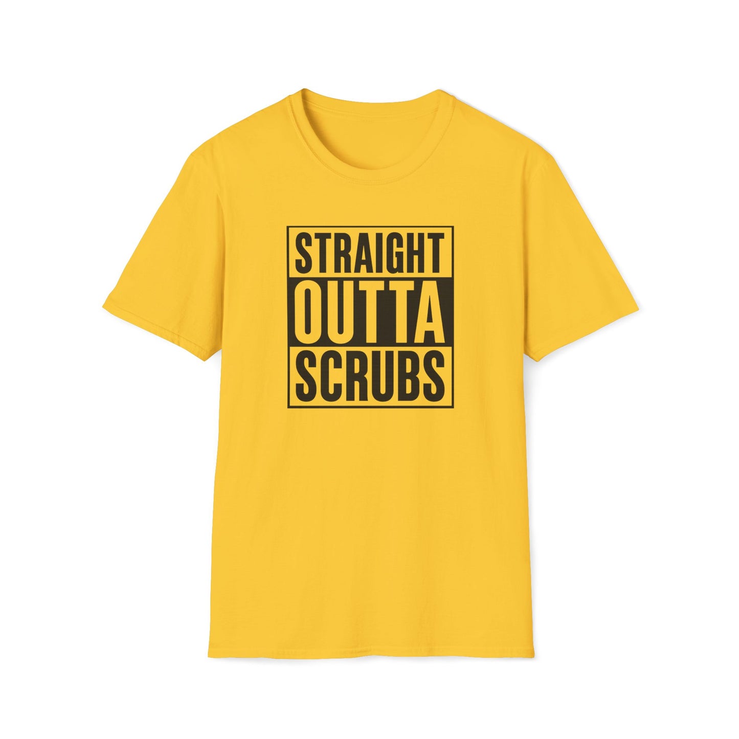 A yellow short-sleeve crewneck t-shirt with a black graphic box on the chest containing the text 'STRAIGHT OUTTA SCRUBS' in yellow letters.