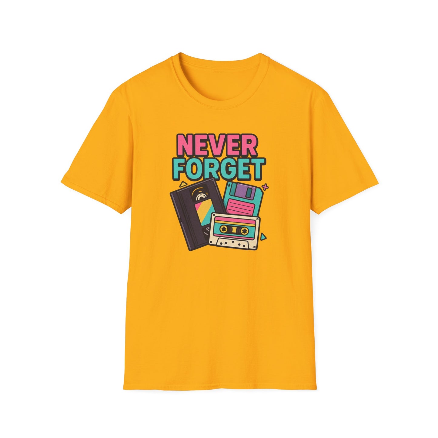 Vintage Tech 'Never Forget' T-Shirt — Retro Cassette, Floppy & Tape Design