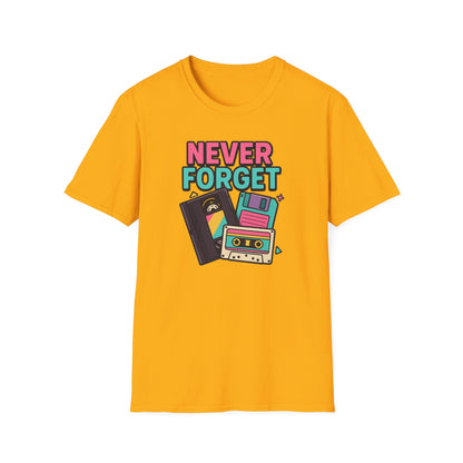 Vintage Tech 'Never Forget' T-Shirt — Retro Cassette, Floppy & Tape Design