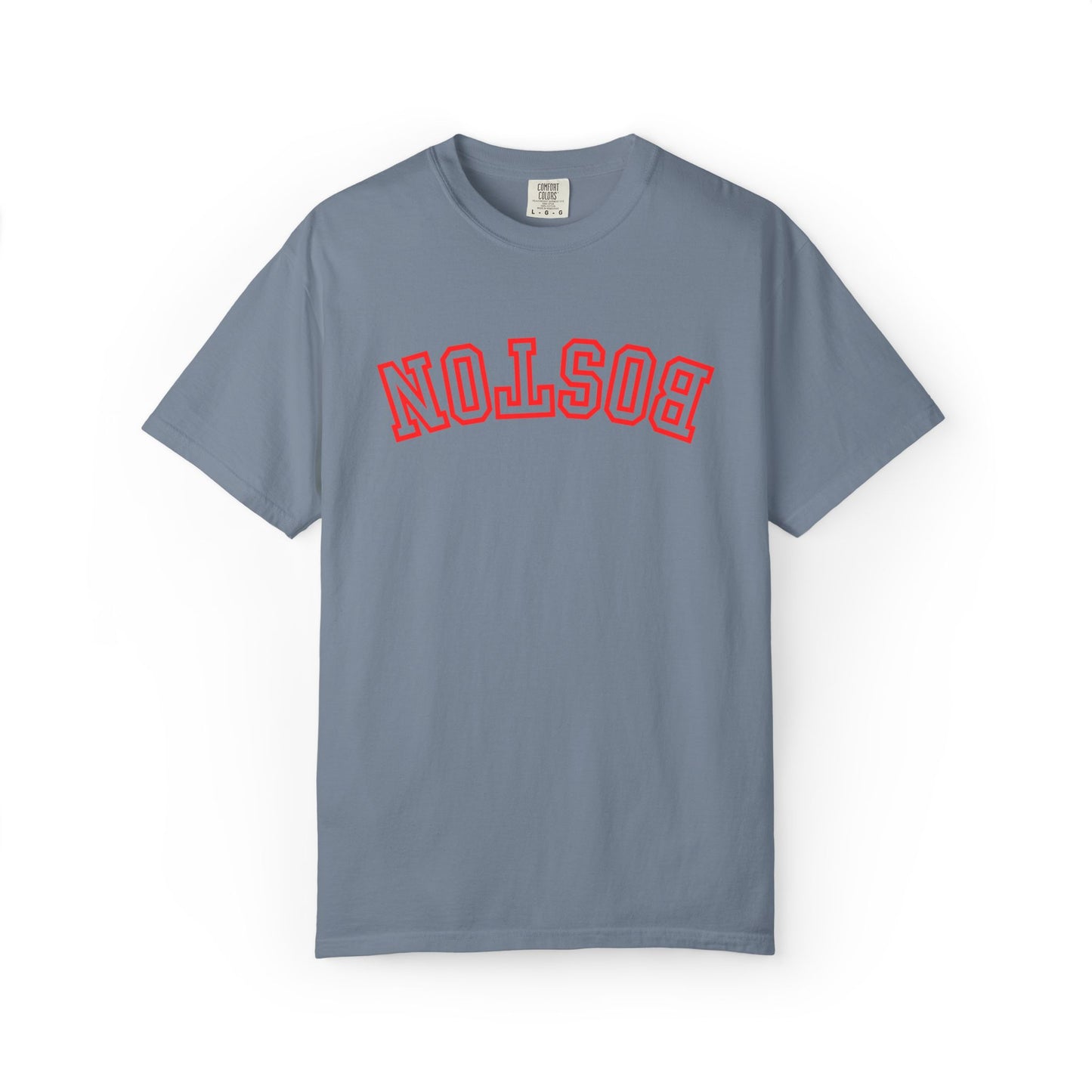 A slate blue short-sleeve t-shirt with 'BOSTON' printed in red arched varsity letters across the chest, displayed flat against a white background.