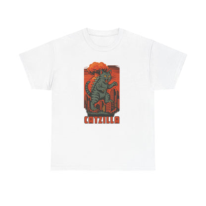 A white short-sleeve crewneck t-shirt featuring a retro-style graphic of a cat monster with an orange mane and the word 'CATZILLA' printed below it.