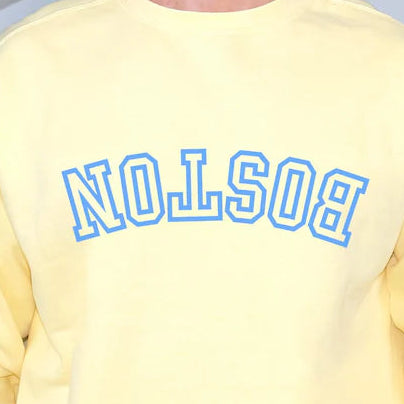 A person wearing a pale yellow long-sleeve sweatshirt with 'BOSTON' printed across the chest in blue outlined lettering. The photo is cropped from the neck to the hips, with a plant on the left and a light wall behind.