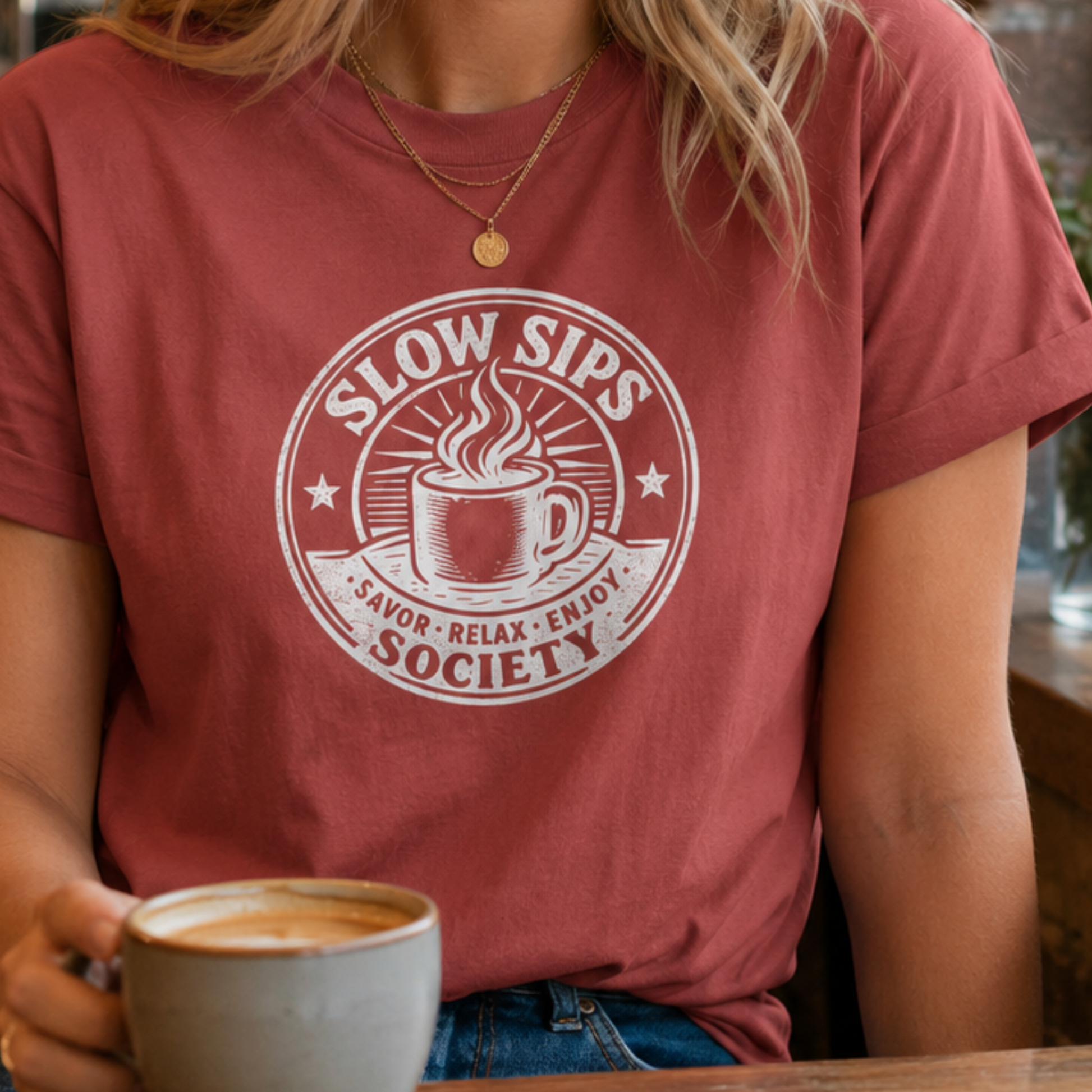 A person wearing a dusty rose short-sleeve t-shirt with a white circular graphic that reads 'SLOW SIPS SAVOR-RELAX-ENJOY SOCIETY' around a coffee cup illustration. The person is holding a ceramic mug on a wooden table in a cafe setting.
