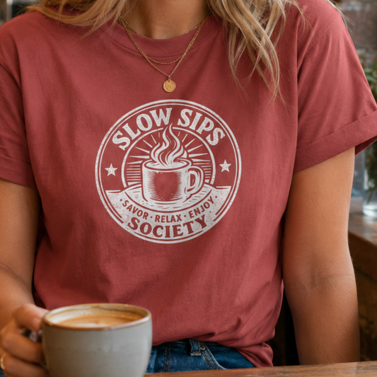 A person wearing a dusty rose short-sleeve t-shirt with a white circular graphic that reads 'SLOW SIPS SAVOR-RELAX-ENJOY SOCIETY' around a coffee cup illustration. The person is holding a ceramic mug on a wooden table in a cafe setting.