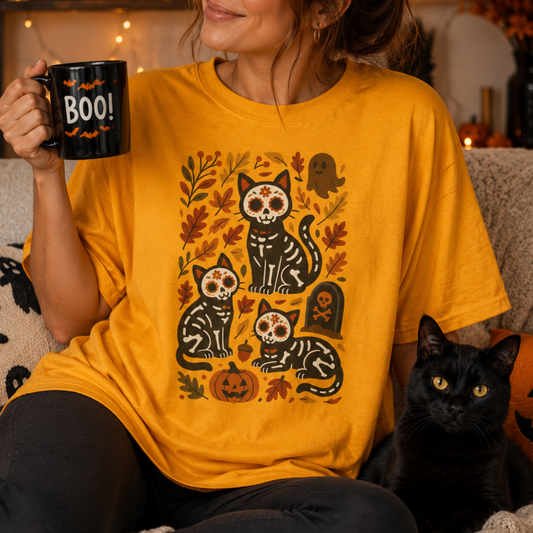 A woman wearing a bright yellow t-shirt with a Halloween graphic of three black cat skeletons and a jack-o'-lantern, holding a black mug that says 'BOO!'. A real black cat sits on her lap in a cozy, warmly lit home setting.