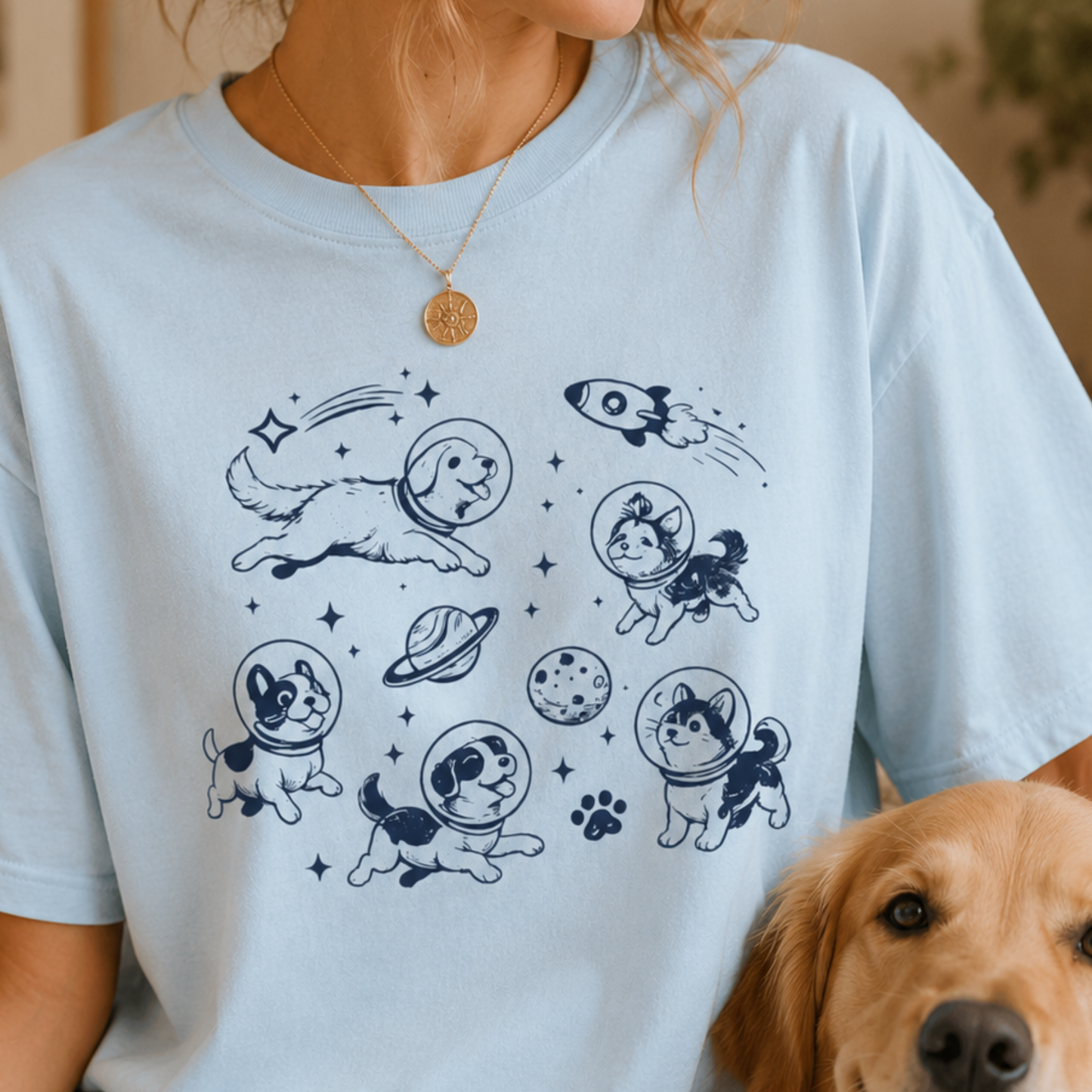 Dogs in Space Illustration T-shirt | Cute Astronaut Puppies, Planets & Rocket