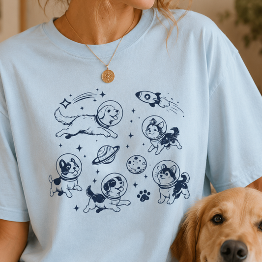Dogs in Space Illustration T-shirt | Cute Astronaut Puppies, Planets & Rocket