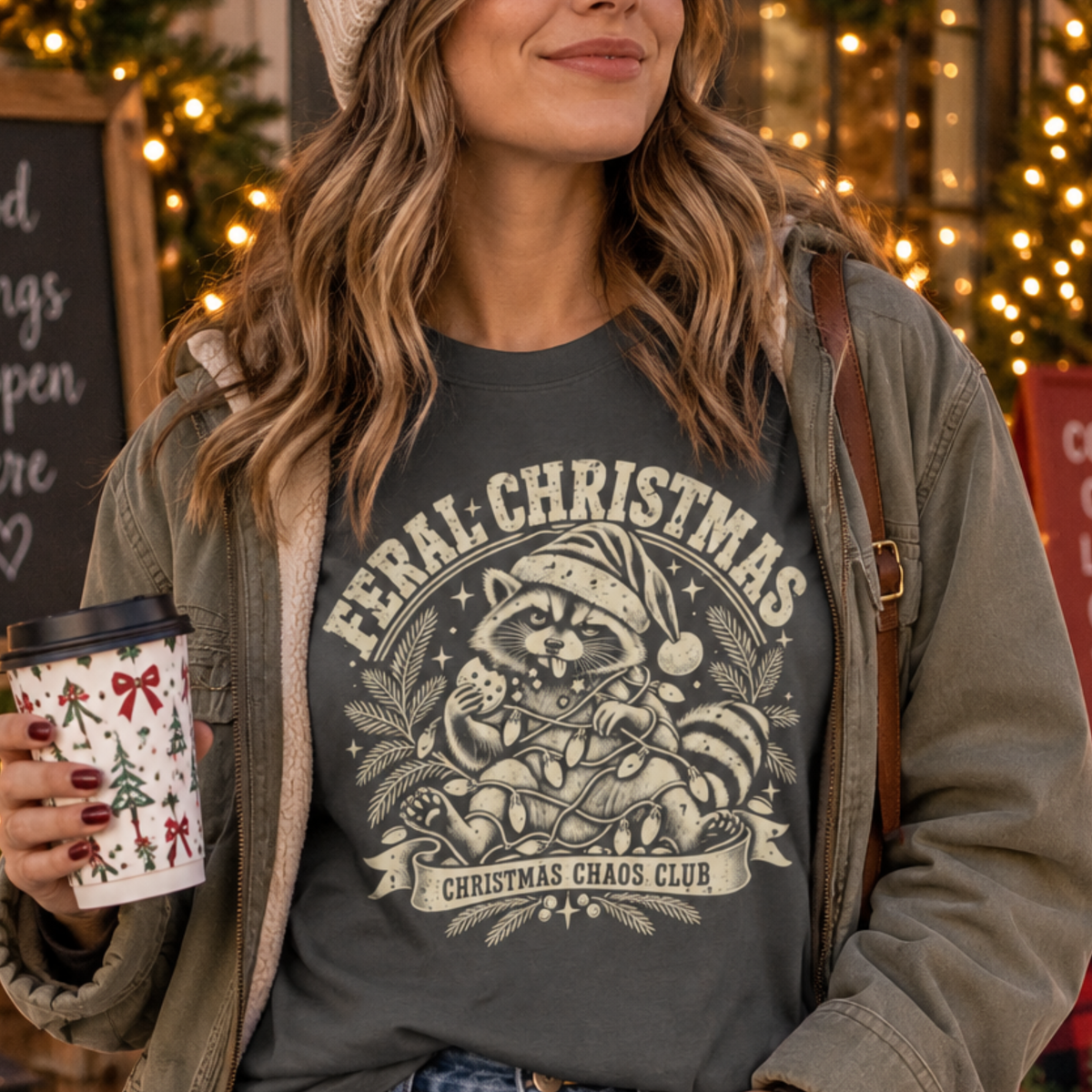 A woman wearing a dark gray graphic t-shirt with a beige raccoon and Christmas tree design that reads 'FERAL CHRISTMAS CHRISTMAS CHAOS CLUB'. She is wearing an olive green jacket and holding a patterned paper coffee cup in a festive outdoor setting with warm string lights.