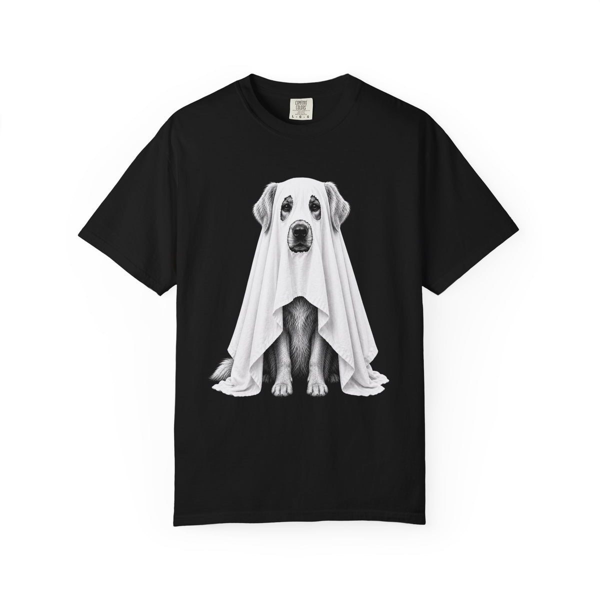 A black short-sleeve crewneck t-shirt featuring a graphic print of a dog sitting underneath a white ghost, displayed on a solid white background.